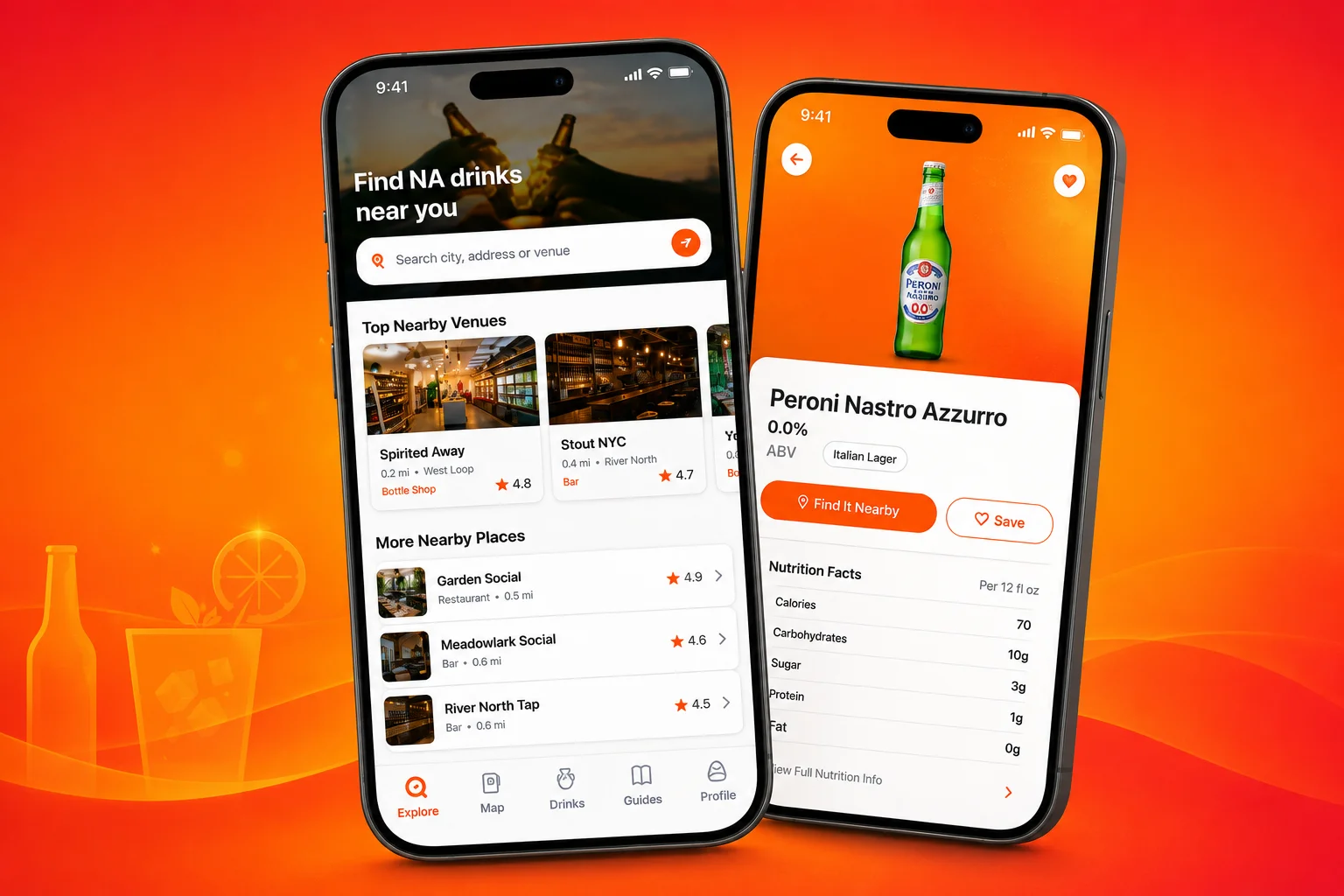 ChillMaps mobile app showing nearby venues and non-alcoholic drink discovery