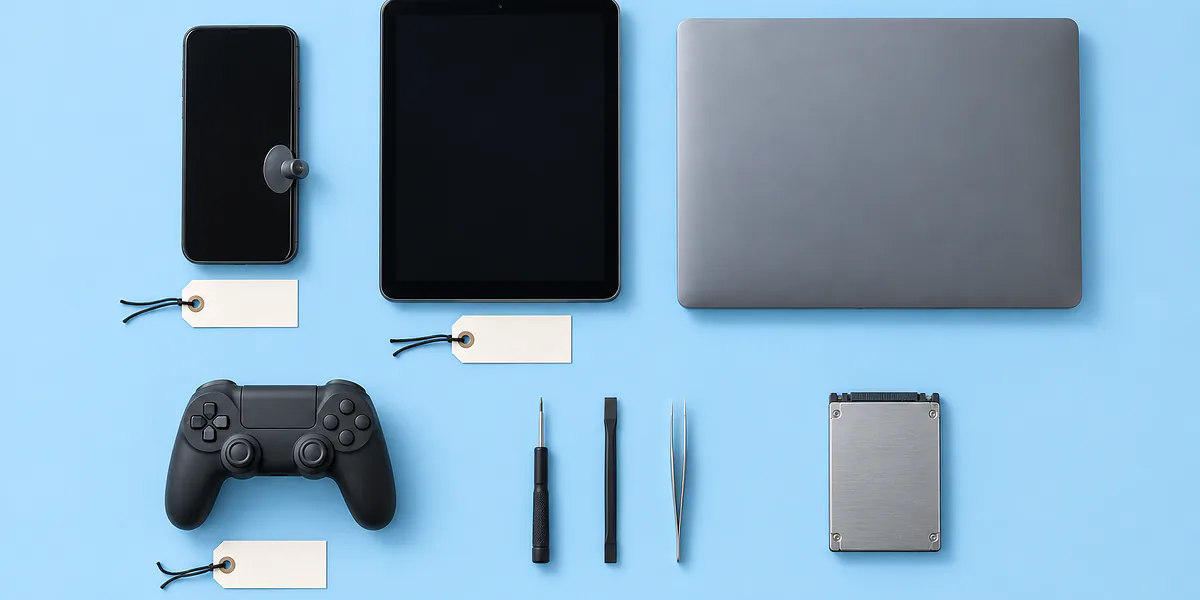Phone, tablet, laptop, game controller, and storage drive with repair tools
